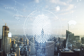 Multi exposure of virtual creative fingerprint hologram on New York city skyscrapers background, personal biometric data concept