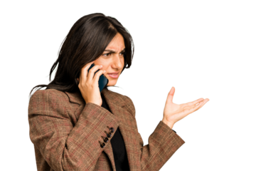 Young indian business woman calling with mobile phone isolated