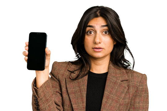 Young Indian Business Woman Showing Her Mobile Phone Isolated Cut Out