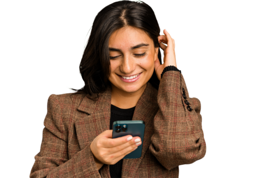 Young Indian business woman using her mobile phone isolated