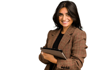 Young indian woman using her tablet isolated