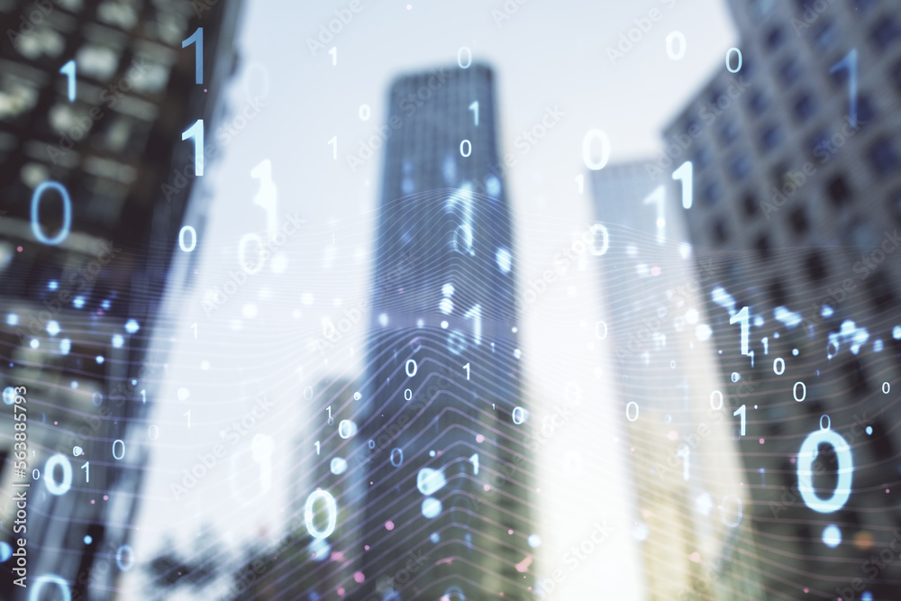 Leinwandbilder Abstract virtual binary code illustration on office buildings background. Big data and coding concept. Multiexposure