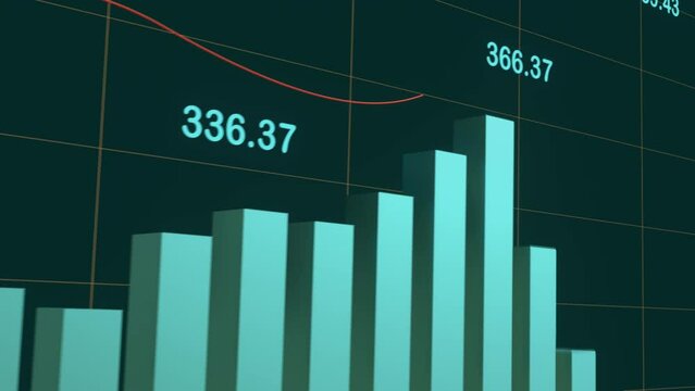 Financial report, rising bar graph. Business data with chart, lines, numbers. Trading, progress, success, growth, financial figures and rising revenues or earnings. 3D animation