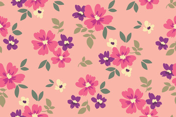 Seamless floral pattern, cute flower print in pretty pink colors. Romantic ditsy background with small hand drawn flowers, tiny leaves in a liberty arrangement. Botanical design, vector illustration.