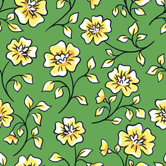 Seamless floral pattern with hand drawn yellow flowers on branches on green background. Cute decorative art flower print, botanical design with blooming branches, flowers, leaves. Vector illustration.