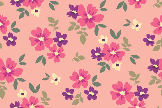 Seamless floral pattern, cute flower print in pretty pink colors. Romantic ditsy background with small hand drawn flowers, tiny leaves in a liberty arrangement. Botanical design, vector illustration. © Yulya i Kot