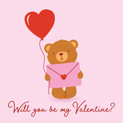 Valentine's card with cute bear. Vector cartoon illustration
