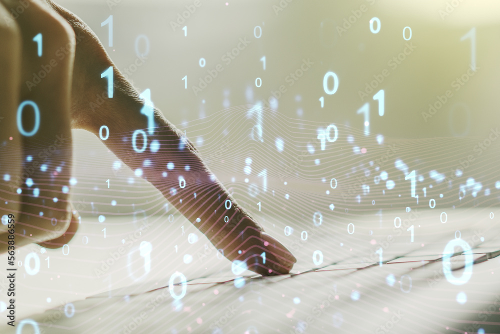 Aufkleber creative abstract binary code hologram and hands typing on computer keyboard on background, ai and m
