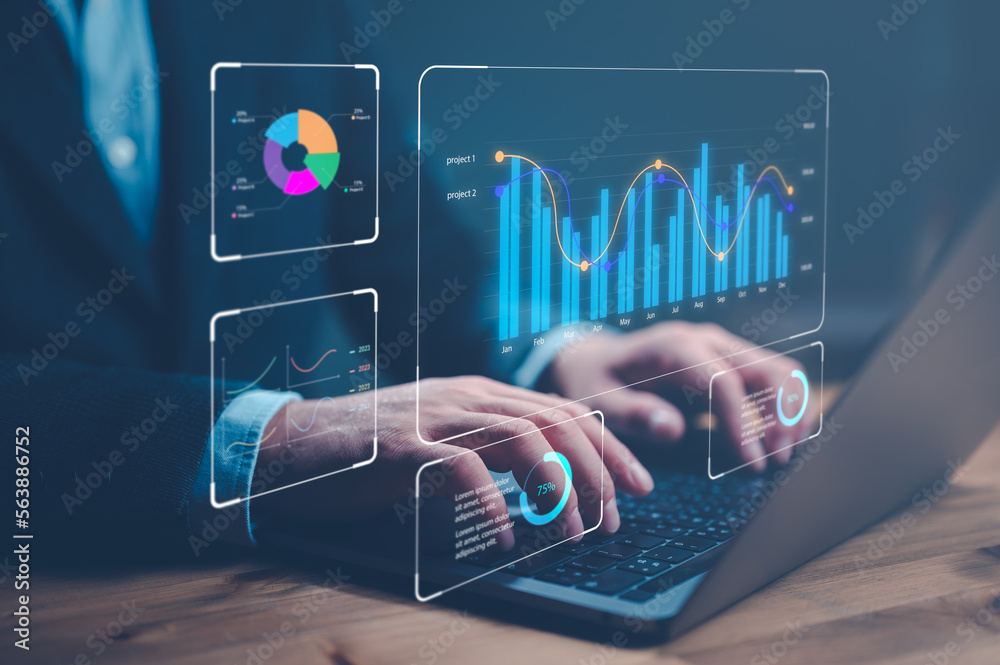 Poster Business and technology Data analyst working on business analytics dashboard with charts, metrics and KPI to analyze performance and create insight reports for operations management. bigdata.