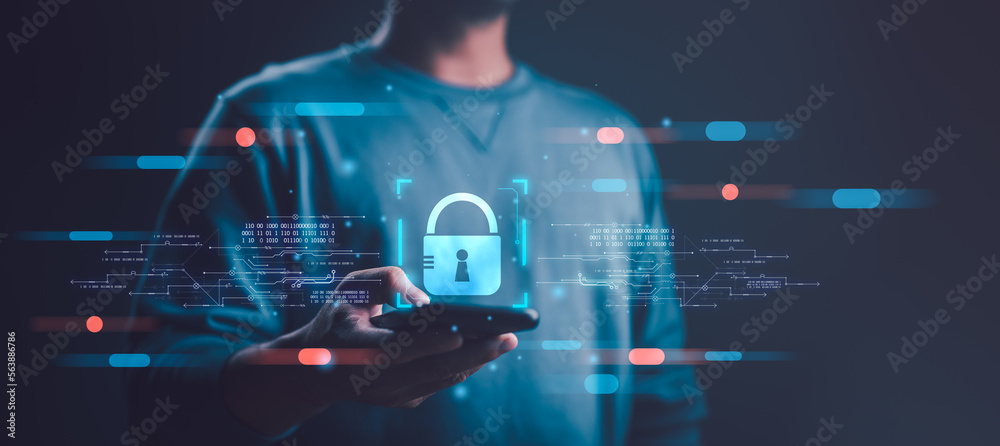 Aufkleber Cybersecurity and privacy concepts to protect data. Lock icon and internet network security technology. Businessman protecting personal data on smartphone, virtual screen interfaces. cyber security.