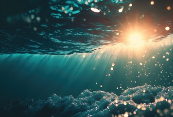 Fototapeta premium illustration of blue water motion wave shot with glitter glow light and bubble idea for nature abstract background wallpaper and 