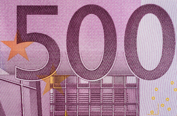Macro photo of a 500 euro banknote.