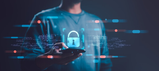 Cybersecurity and privacy concepts to protect data. Lock icon and internet network security technology. Businessman protecting personal data on smartphone, virtual screen interfaces. cyber security.