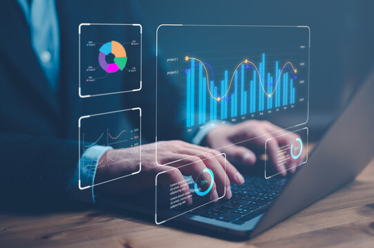 Business and technology Data analyst working on business analytics dashboard with charts, metrics and KPI to analyze performance and create insight reports for operations management. bigdata.
