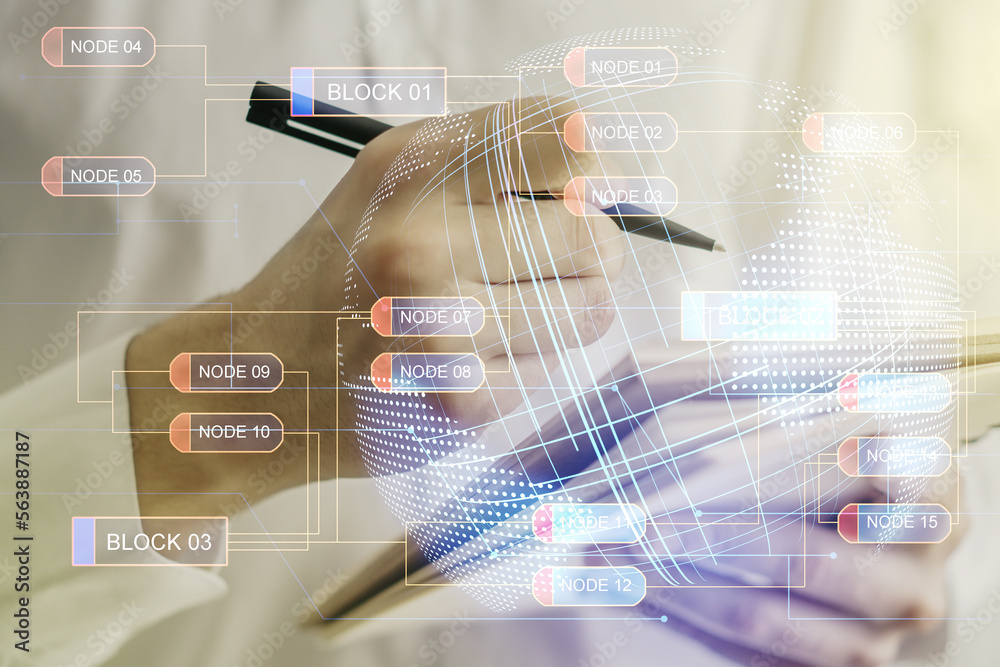 Poster multi exposure of abstract software development hologram with world map and man hand writing in note
