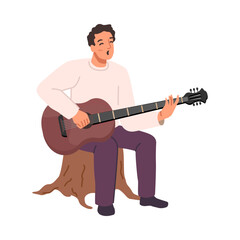 Singing musical playing acoustic guitar sitting on tree stump. Isolated man with instrument giving performance outside, nature trip or picnic vacation. Vector in flat style