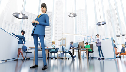 Business leader is stating in front of his team. Office with lots of working people, big business team working together in open plan working space.  3D rendering illustration
