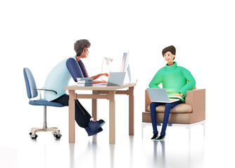 IT specialist working with laptop and discussing the problem with his college. 3D rendering illustration