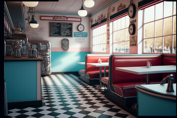 Interior of an american diner in 50s style generated with AI