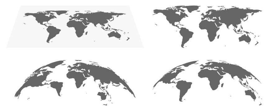 Hemispheres and earth maps, worldwide business or infographics for presentation. Continents in monochrome black and white solution. Vector in flat style