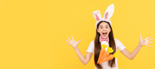 wow. happy easter. childhood happiness. child in rabbit ears and bow tie. time for fun. adorable kid. Easter child horizontal poster. Web banner header of bunny kid, copy space.