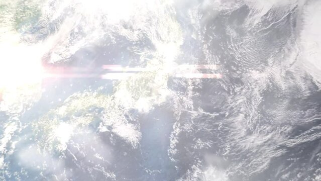 Earth zoom in from outer space to city. Zooming on Toride, Ibaraki, Japan. The animation continues by zoom out through clouds and atmosphere into space. Images from NASA