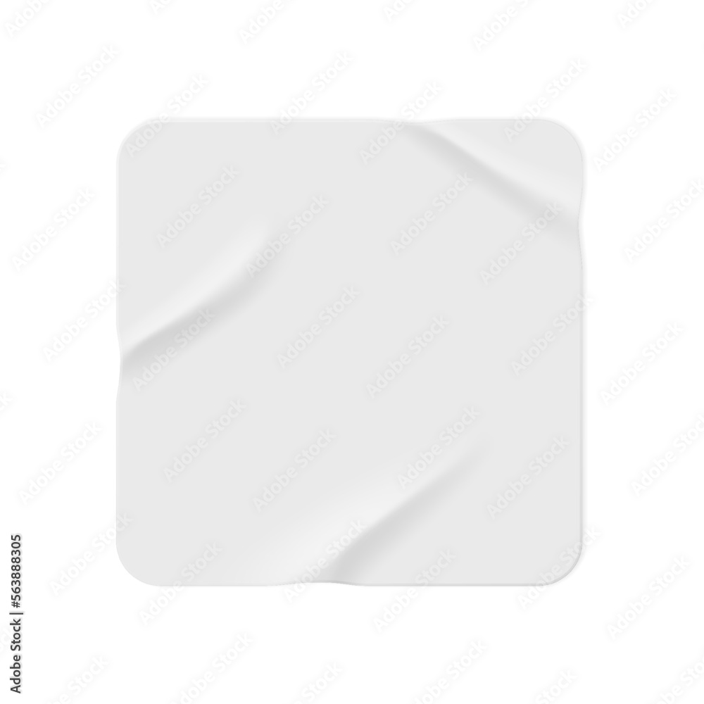 Poster Squared colorless paper sticker with copy space and wrinkled texture. Isolated glued piece of sheet. Banner or advertisement. Vector in realistic style