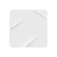 Squared colorless paper sticker with copy space and wrinkled texture. Isolated glued piece of sheet. Banner or advertisement. Vector in realistic style