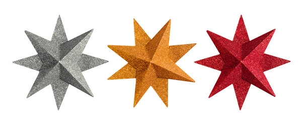 Glitter stars isolated. Set of silver, gold, red glitter stars. PNG with transparent background....