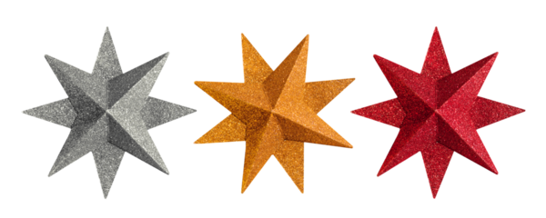 Glitter stars isolated clipart. Set of silver, gold, red glitter stars. Star Christmas decoration, decorative set. PNG with transparent background. Flat lay. Clipping path