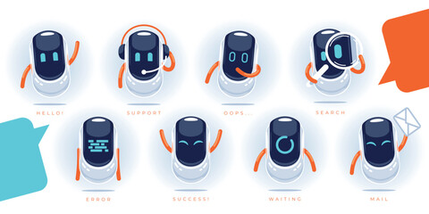 Chatbot avatar icons set. Cartoon robot character vector icons for web design and mobile app.