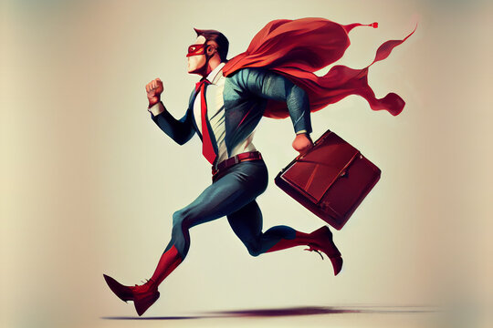 A businessman with a briefcase in a superhero costume is rapidly approaching his goals. Created with Generative AI technology.