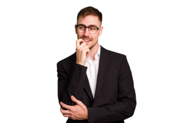 Young caucasian business man cutout isolated relaxed thinking about something looking at a copy space.