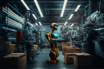 Artificial intelligence future industry engineering AI computer technology smart factory, Generative AI. industry 4.0, M2M computer aided manufacturing, 3D humanoid robot working in factory with