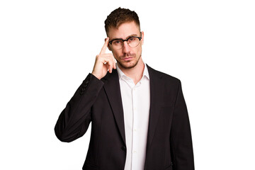 Young caucasian business man cutout isolated pointing temple with finger, thinking, focused on a task.