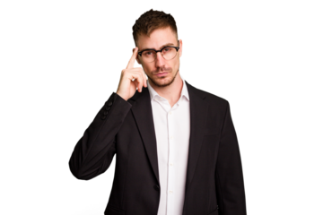 Young caucasian business man cutout isolated pointing temple with finger, thinking, focused on a task.