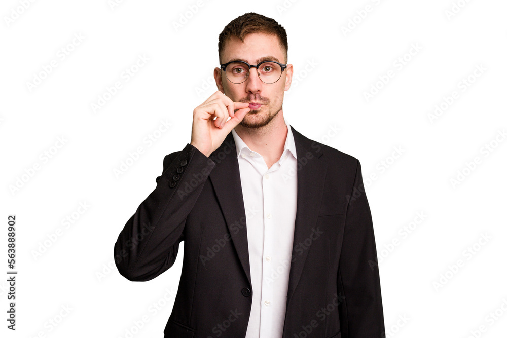 Wall mural Young caucasian business man cutout isolated with fingers on lips keeping a secret.