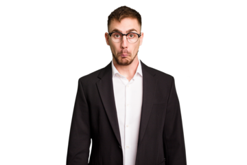 Young caucasian business man cutout isolated shrugs shoulders and open eyes confused.