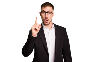 Young caucasian business man cutout isolated having an idea, inspiration concept.