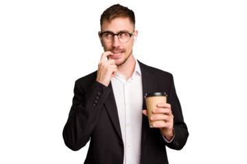 Young business caucasian man drinking a coffee isolated cutout relaxed thinking about something looking at a copy space.