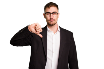 Young caucasian business man cutout isolated showing a dislike gesture, thumbs down. Disagreement concept.