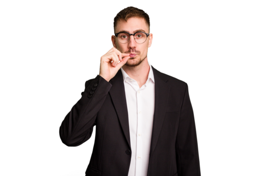 Young caucasian business man cutout isolated with fingers on lips keeping a secret.