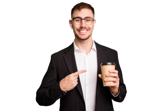 Young business caucasian man drinking a coffee isolated cutout smiling and pointing aside, showing something at blank space.