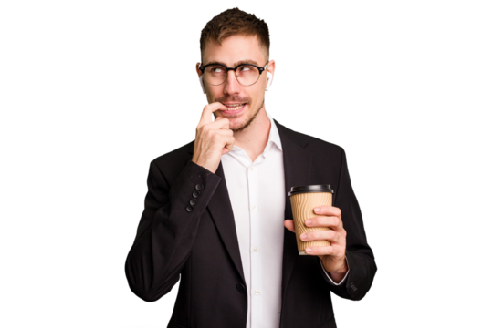 Young business caucasian man drinking a coffee isolated cutout relaxed thinking about something looking at a copy space.