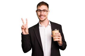 Young business caucasian man drinking a coffee isolated cutout joyful and carefree showing a peace symbol with fingers.