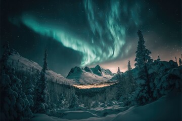 landscape in the mountains with aurora borealis, made with generative ai