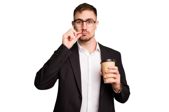 Young business caucasian man drinking a coffee isolated cutout with fingers on lips keeping a secret.