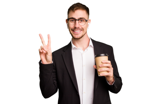 Young business caucasian man drinking a coffee isolated cutout joyful and carefree showing a peace symbol with fingers.