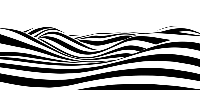 Black and white abstract wave with distortion effect. Optical illusion. Twisted vector illustration.