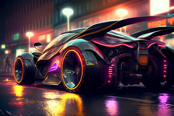 A car with neon lighting in the cyberpunk style. Generative AI